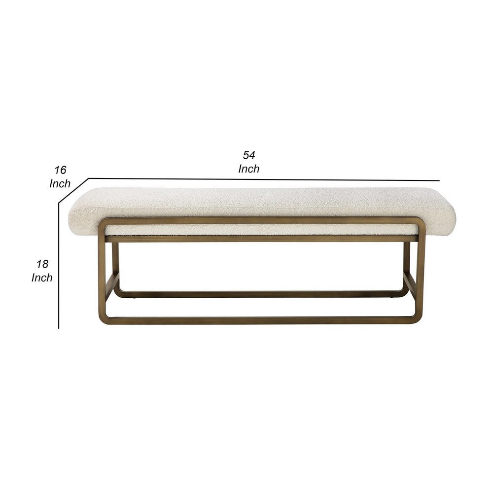 Loer 54 Inch Modern Accent Bench, Ivory Boucle Upholstery, Sled Brass Legs By Casagear Home