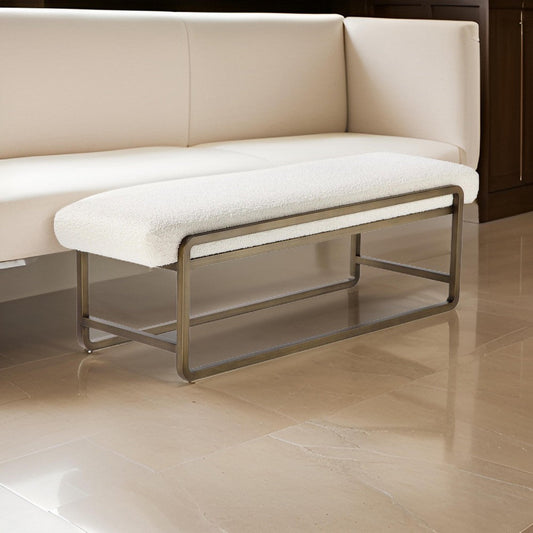 Loer 54 Inch Modern Accent Bench, Ivory Boucle Upholstery, Sled Brass Legs By Casagear Home