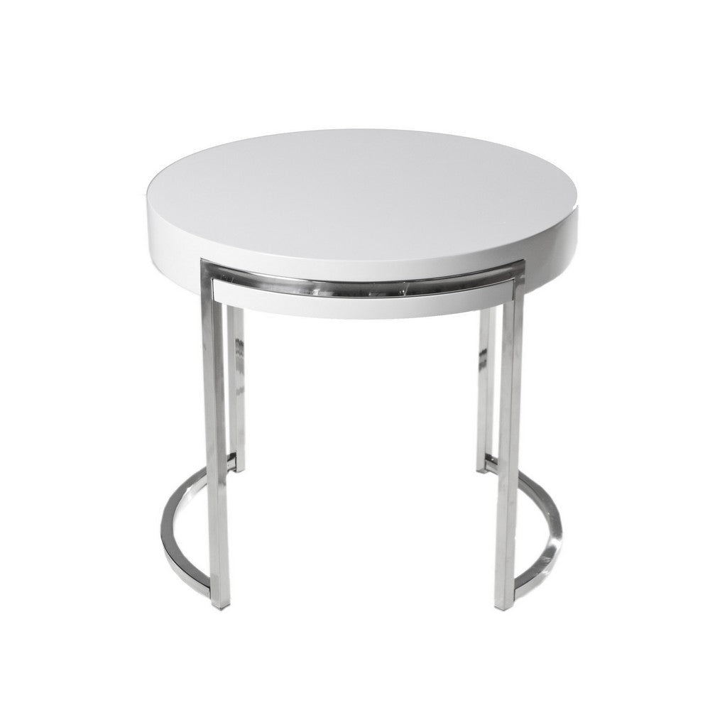 Dami 22 Inch Side End Table, White Lacquer Round Top, Open Metal Frame By Casagear Home