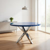 Emi 47 Inch Dining Table, Oval Top, X Shaped Metal Frame, Navy Blue Finish By Casagear Home