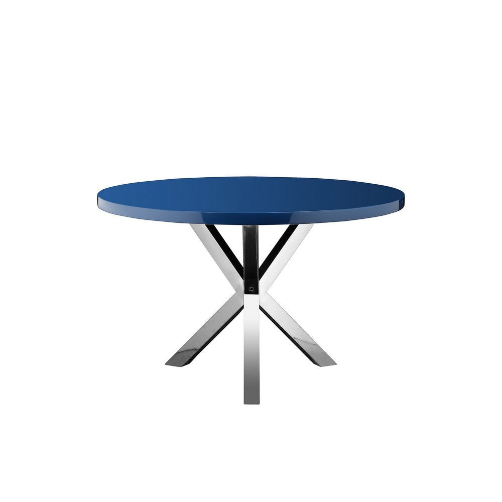 Emi 47 Inch Dining Table Oval Top X Shaped Metal Frame Navy Blue Finish By Casagear Home BM317028