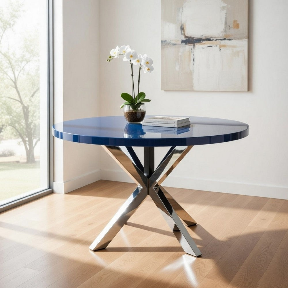Emi 47 Inch Dining Table, Oval Top, X Shaped Metal Frame, Navy Blue Finish By Casagear Home