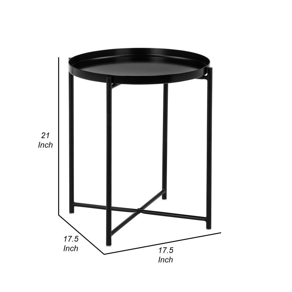 Ely 21 Inch Side End Table, Black Round Tray Top Modern Open Metal Frame By Casagear Home