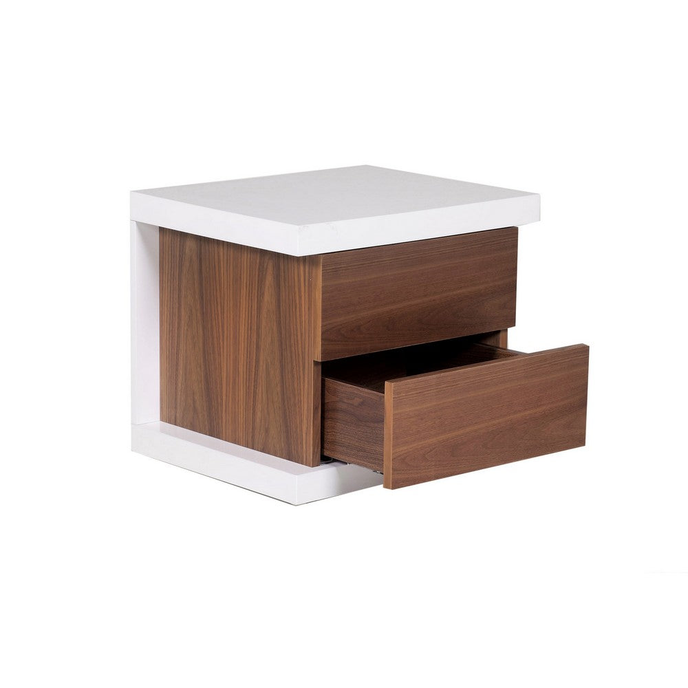 Gyn 22 Inch Nightstand, 2 Drawers, Plinth Base, Walnut Brown, White Finish By Casagear Home