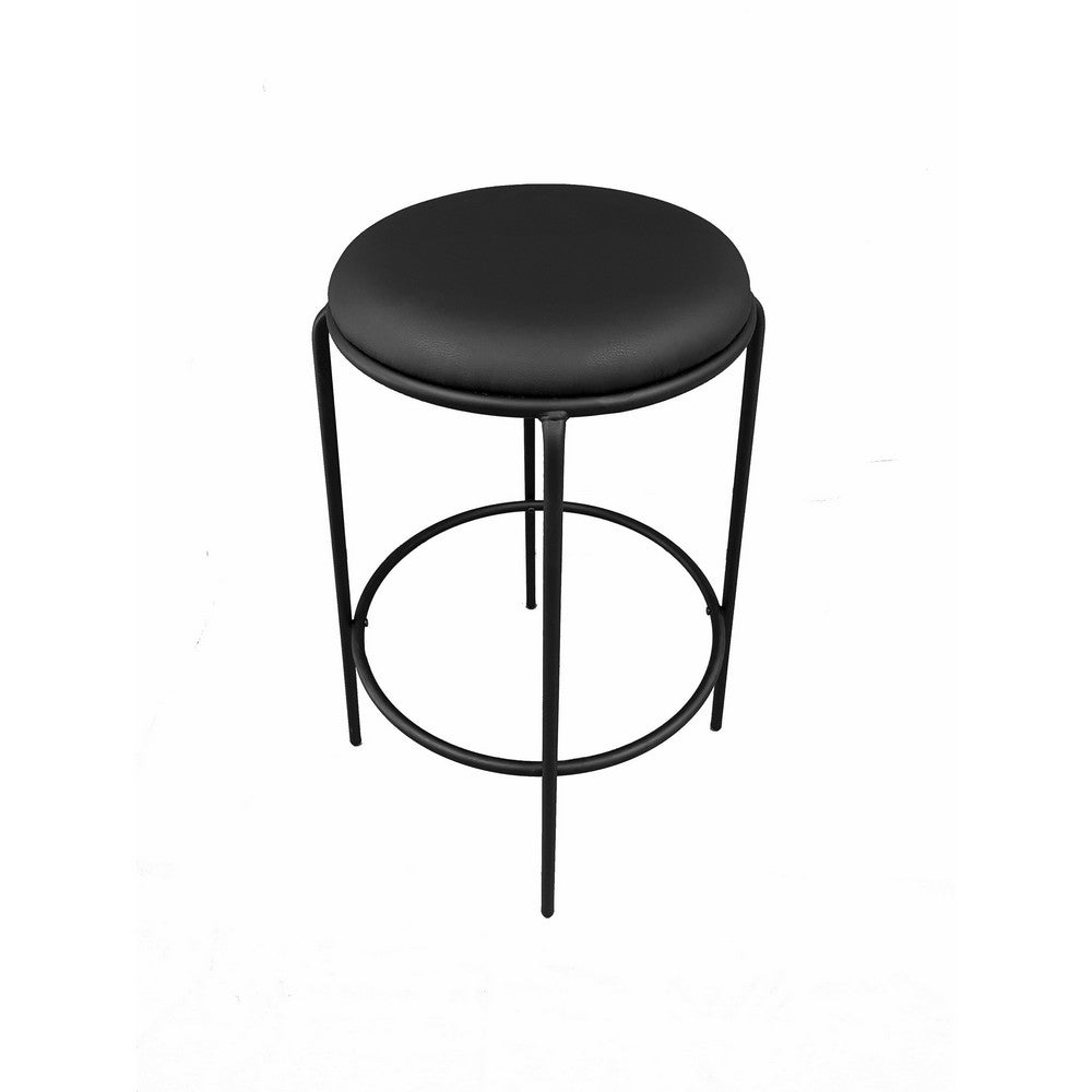 Neni 30 Inch Barstool Set of 2, Round Cushioned Seat, Black Faux Leather By Casagear Home