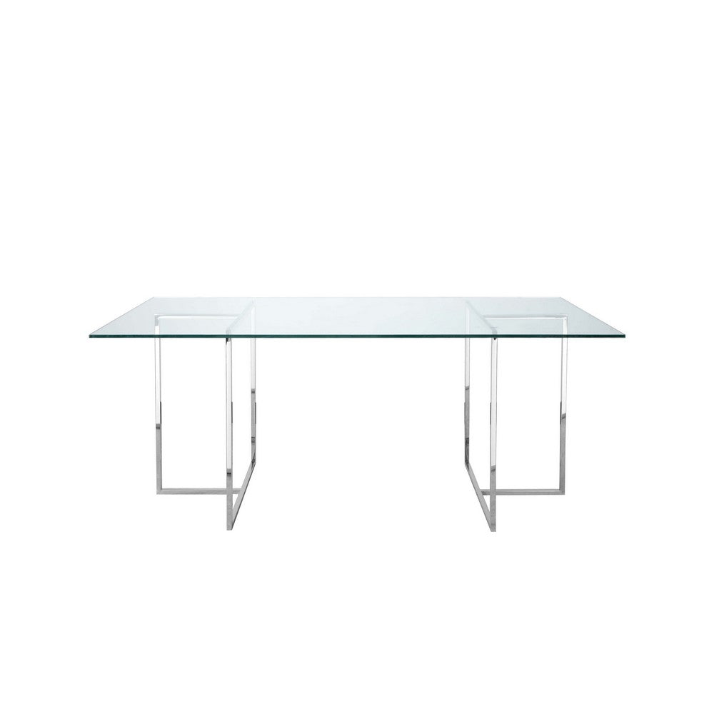 Nisa 71 Inch Dining Table, Tempered Glass Rectangular Top, Chrome Metal By Casagear Home