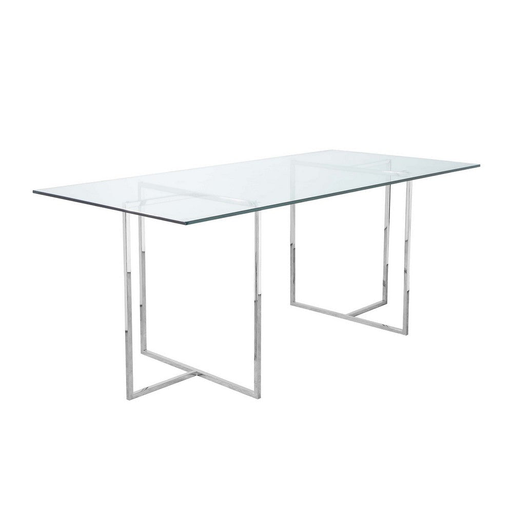 Nisa 71 Inch Dining Table Tempered Glass Rectangular Top Chrome Metal By Casagear Home BM317042