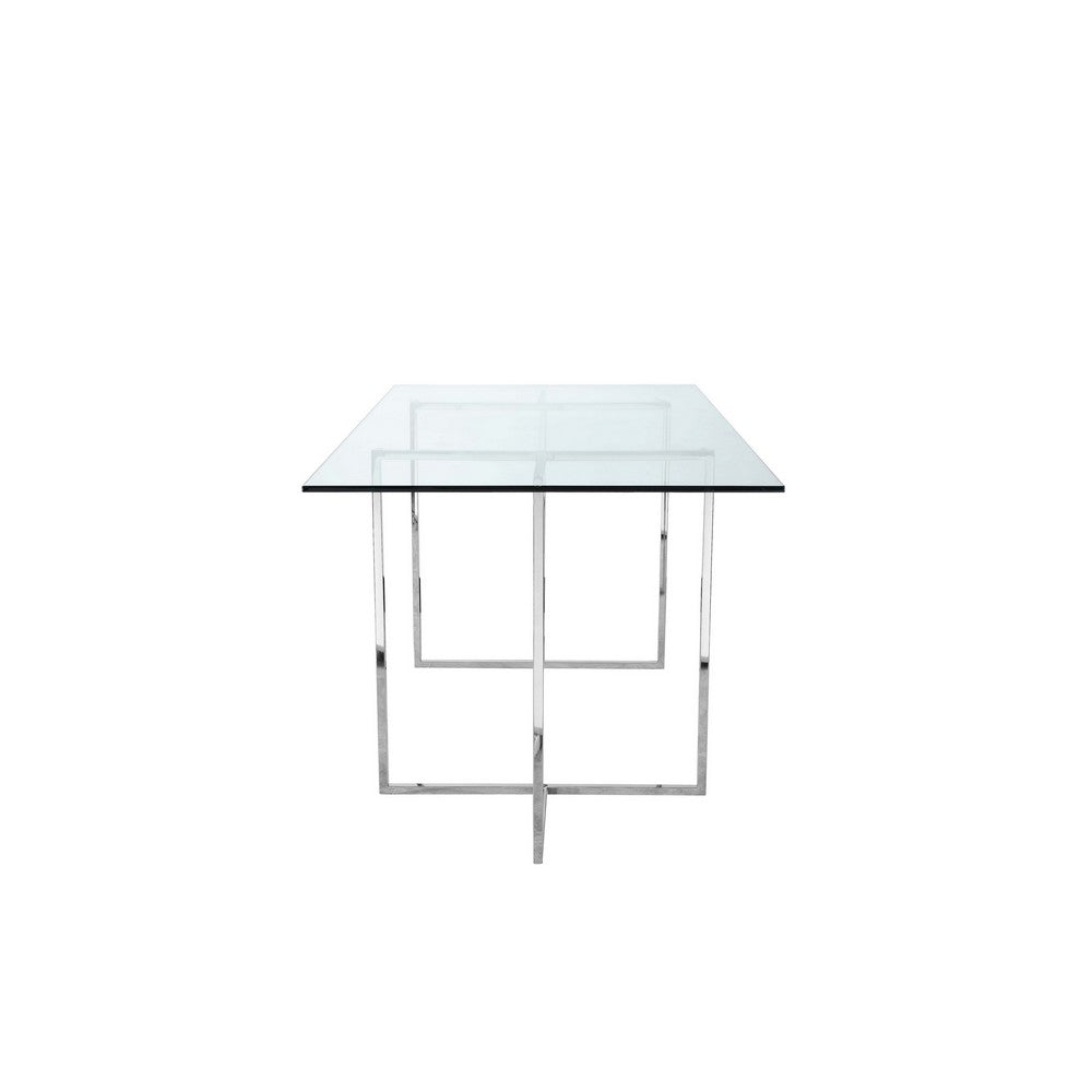 Nisa 71 Inch Dining Table, Tempered Glass Rectangular Top, Chrome Metal By Casagear Home