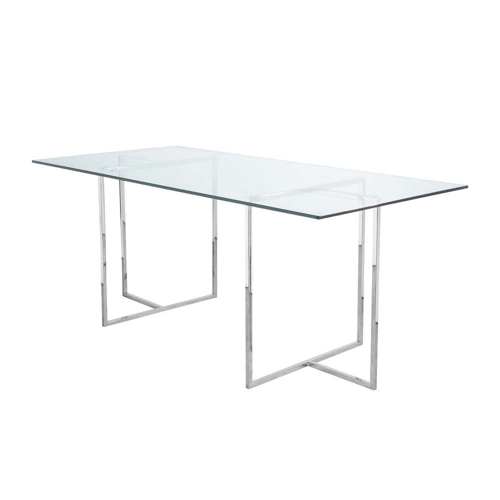 Nisa 71 Inch Dining Table, Tempered Glass Rectangular Top, Chrome Metal By Casagear Home
