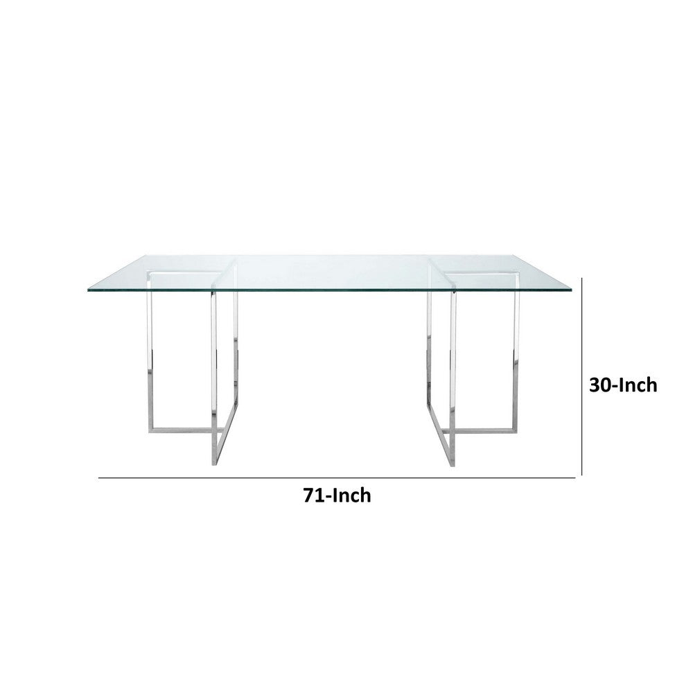Nisa 71 Inch Dining Table, Tempered Glass Rectangular Top, Chrome Metal By Casagear Home