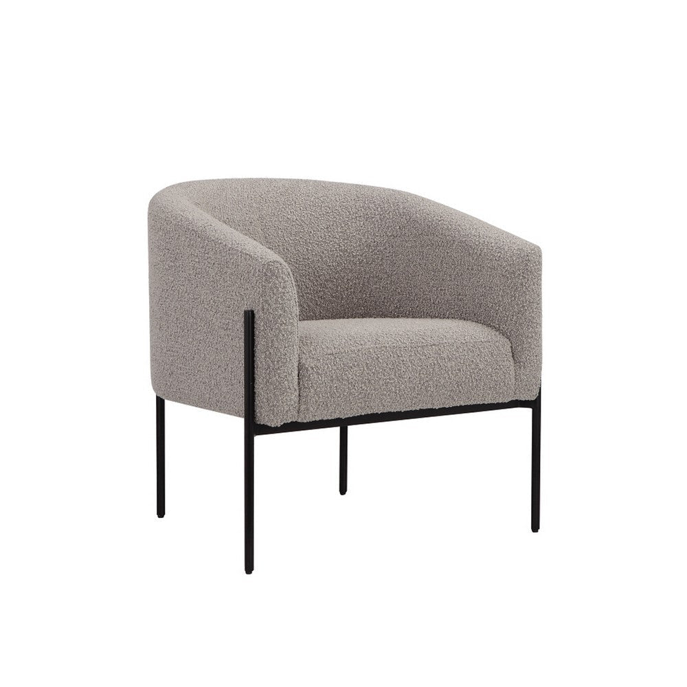 Mae 29 Inch Accent Armchair, Barrel, Gray Boucle Upholstery, Black Metal By Casagear Home