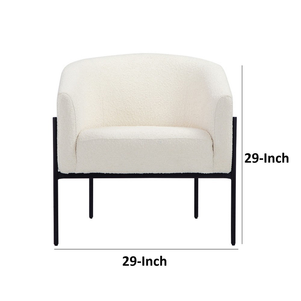 Mae 29 Inch Accent Armchair, Barrel, White Boucle Upholstery, Black Metal By Casagear Home
