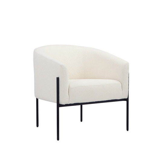 Mae 29 Inch Accent Armchair, Barrel, White Boucle Upholstery, Black Metal By Casagear Home