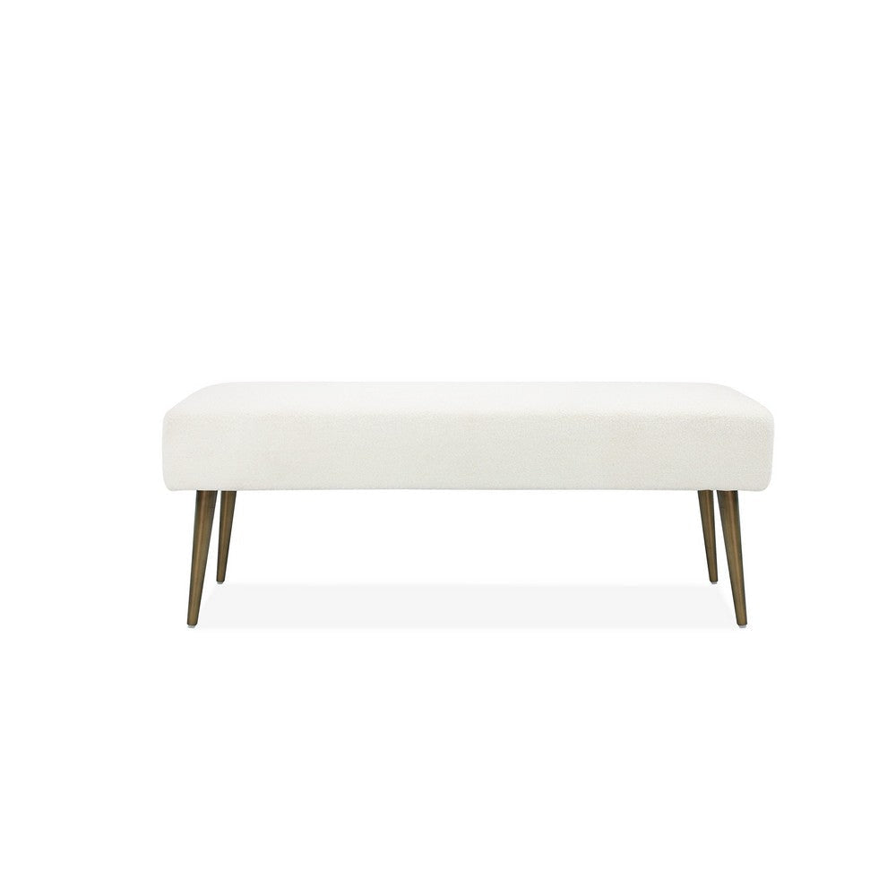 Kay 45 Inch Accent Bench White Boucle Fabric Bronze Tapered Steel Legs By Casagear Home BM317047