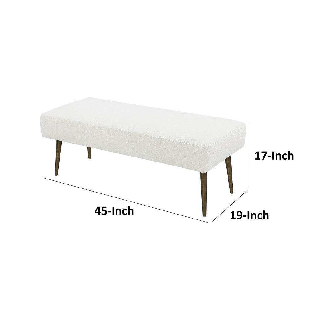 Kay 45 Inch Accent Bench White Boucle Fabric Bronze Tapered Steel Legs By Casagear Home BM317047