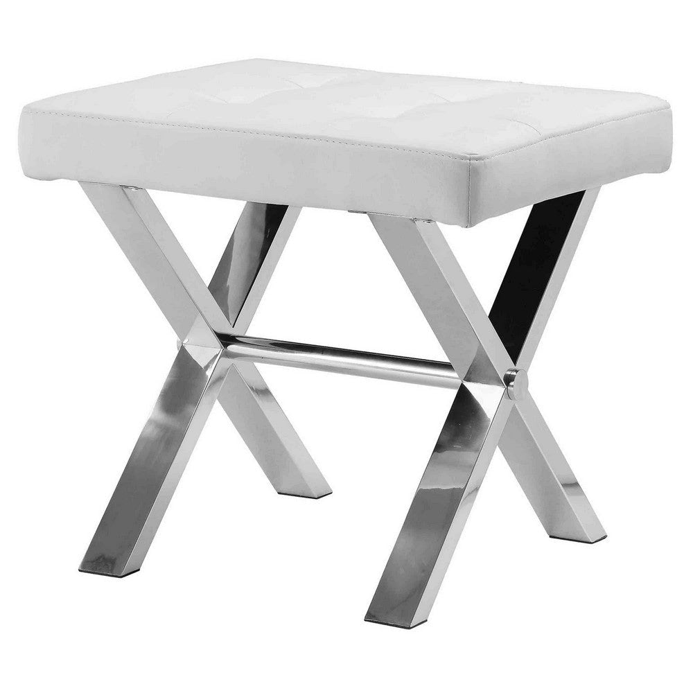 Tia 18 Inch Accent Stool Ottoman White Faux Leather Top Chrome Steel Legs By Casagear Home BM317050