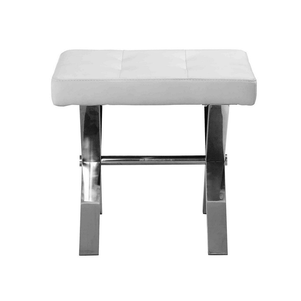 Tia 18 Inch Accent Stool Ottoman White Faux Leather Top Chrome Steel Legs By Casagear Home BM317050