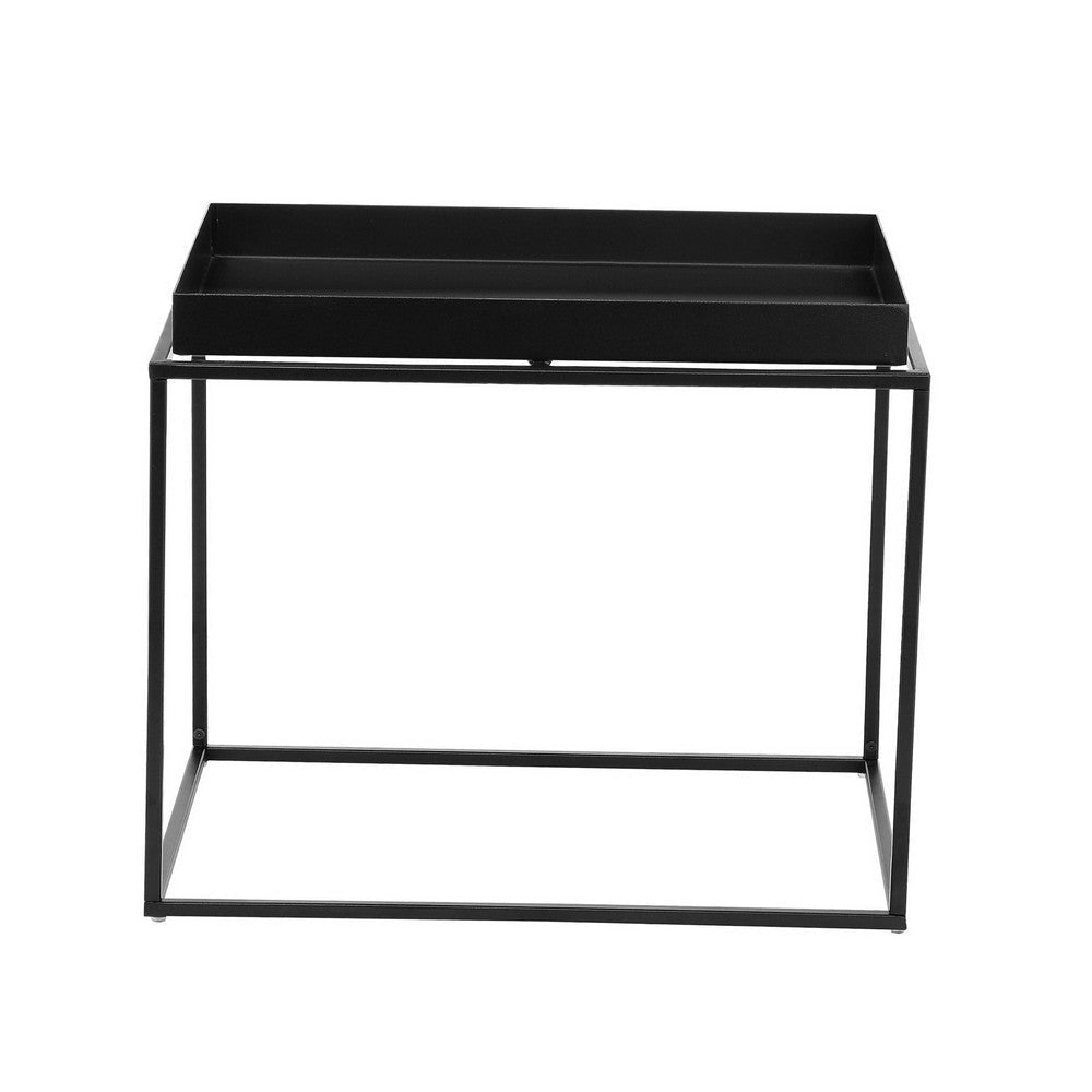 Bixy 24 Inch Side End Table Black Tray Top Open Cubic Metal Frame By Casagear Home BM317055