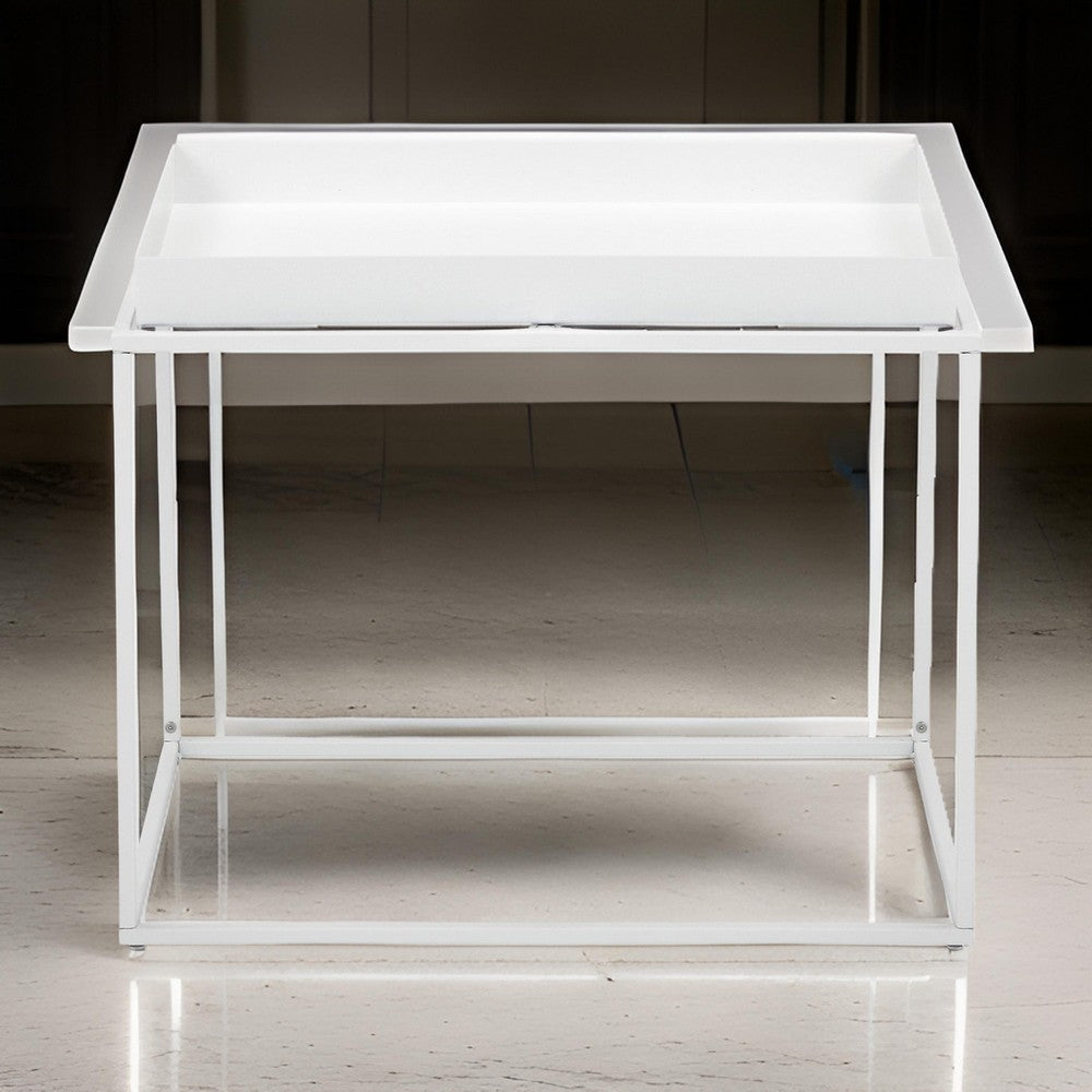 Bixy 24 Inch Side End Table, White Tray Top, Open Cubic Metal Frame By Casagear Home