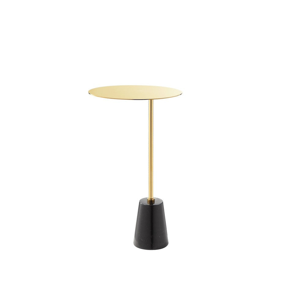 Frank 12 Inch Drink Side End Table Gold Top Black Marble Solid Cone Base By Casagear Home BM317057