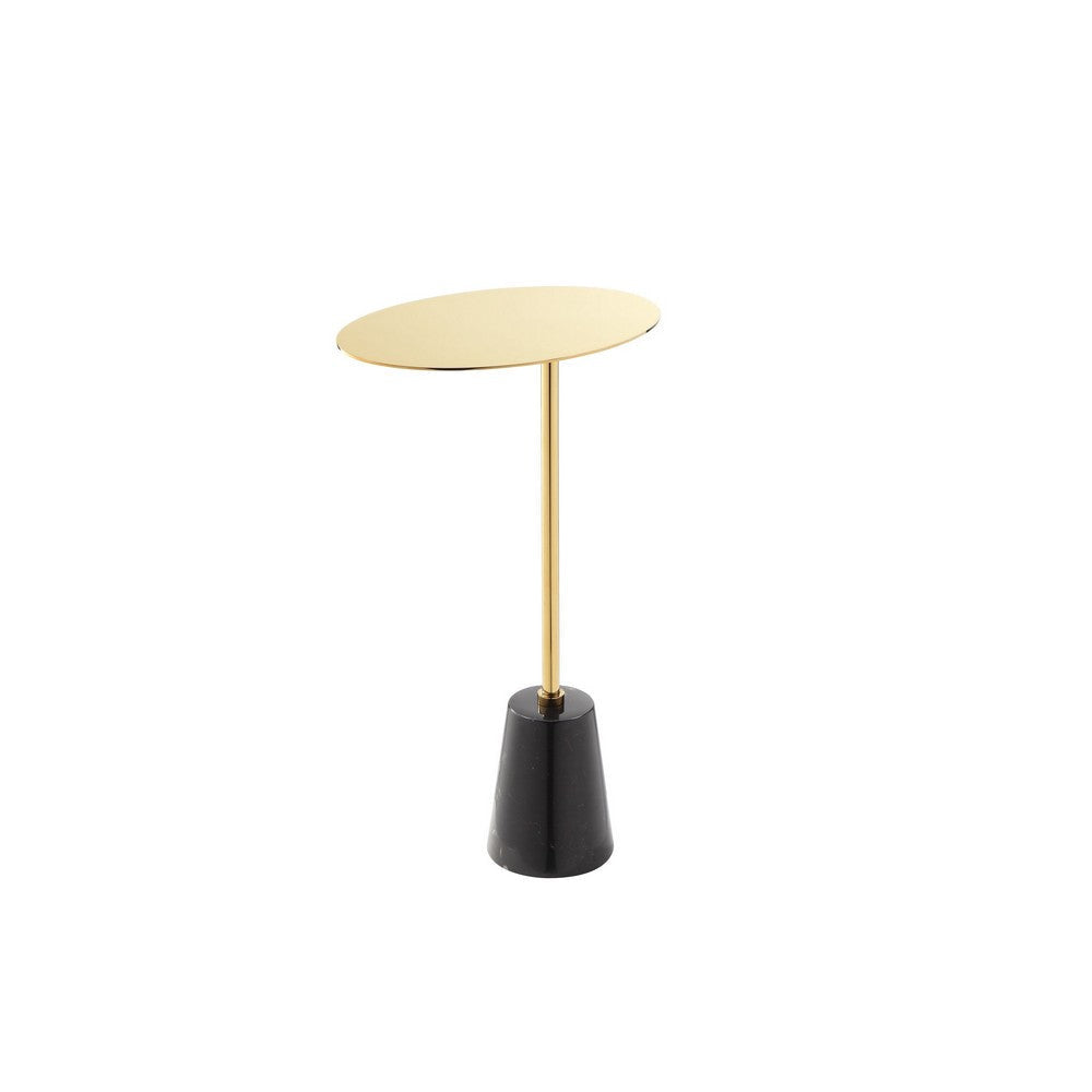 Frank 12 Inch Drink Side End Table Gold Top Black Marble Solid Cone Base By Casagear Home BM317057