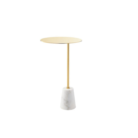 Frank 12 Inch Drink Side End Table, Gold Top, White Marble Solid Cone Base By Casagear Home