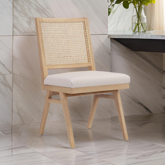 Isha Cane Side Dining Chair Set of 2, Cushioned Seat, White and Brown By Casagear Home