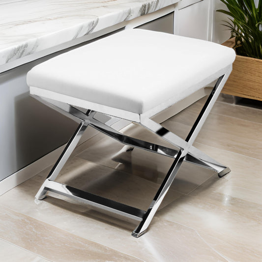 Sovi 20 Inch Accent Stool Ottoman X Steel Legs White Faux Leather By Casagear Home BM317065