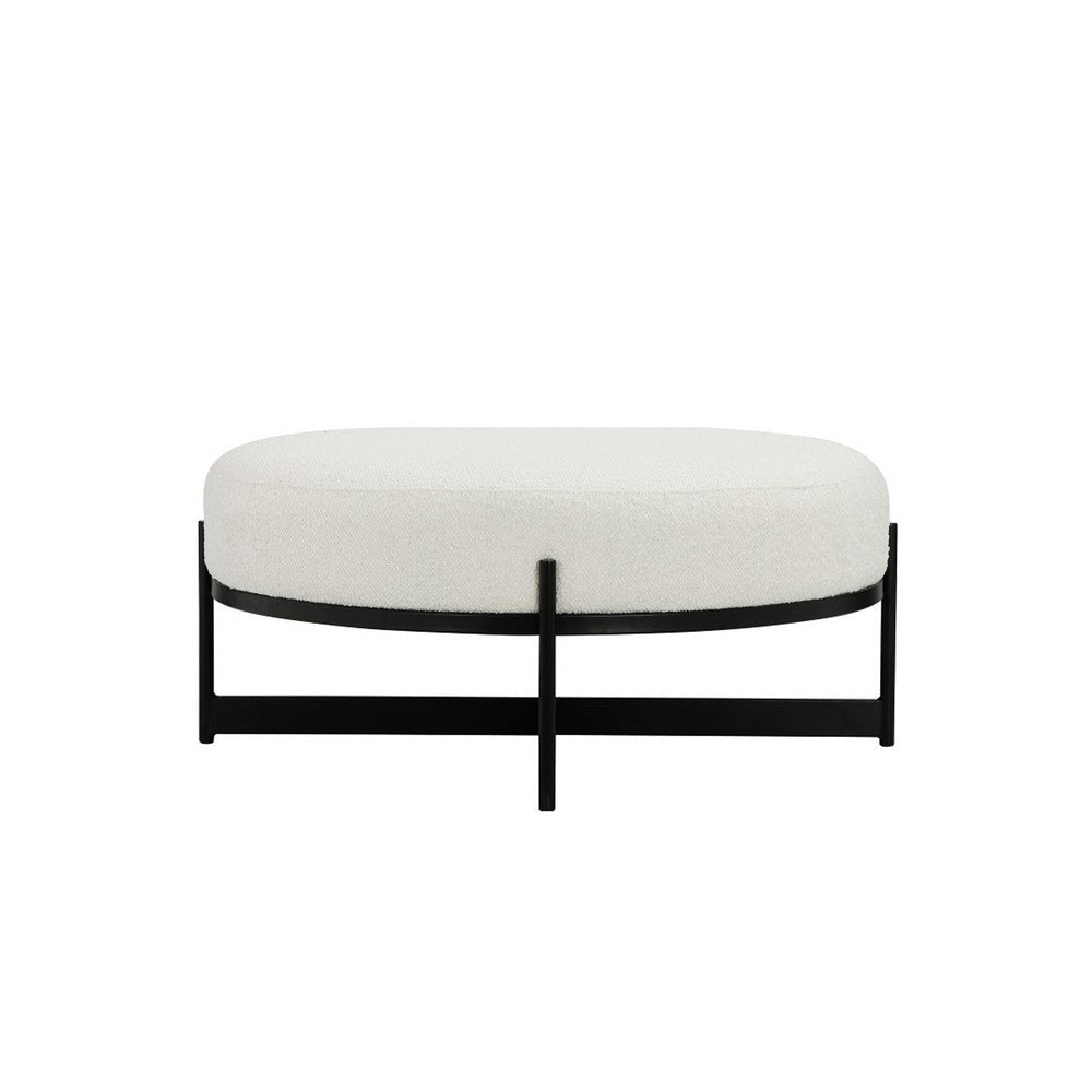 Aop 36 Inch Boucle Ottoman Stool White Round Cushioned Seat Black Base By Casagear Home BM317066