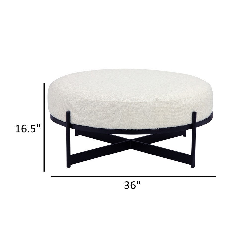 Aop 36 Inch Boucle Ottoman Stool White Round Cushioned Seat Black Base By Casagear Home BM317066