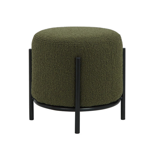 Aop 13 Inch Boucle Ottoman Stool, Round Cushioned Seat, Green Boucle, Black By Casagear Home