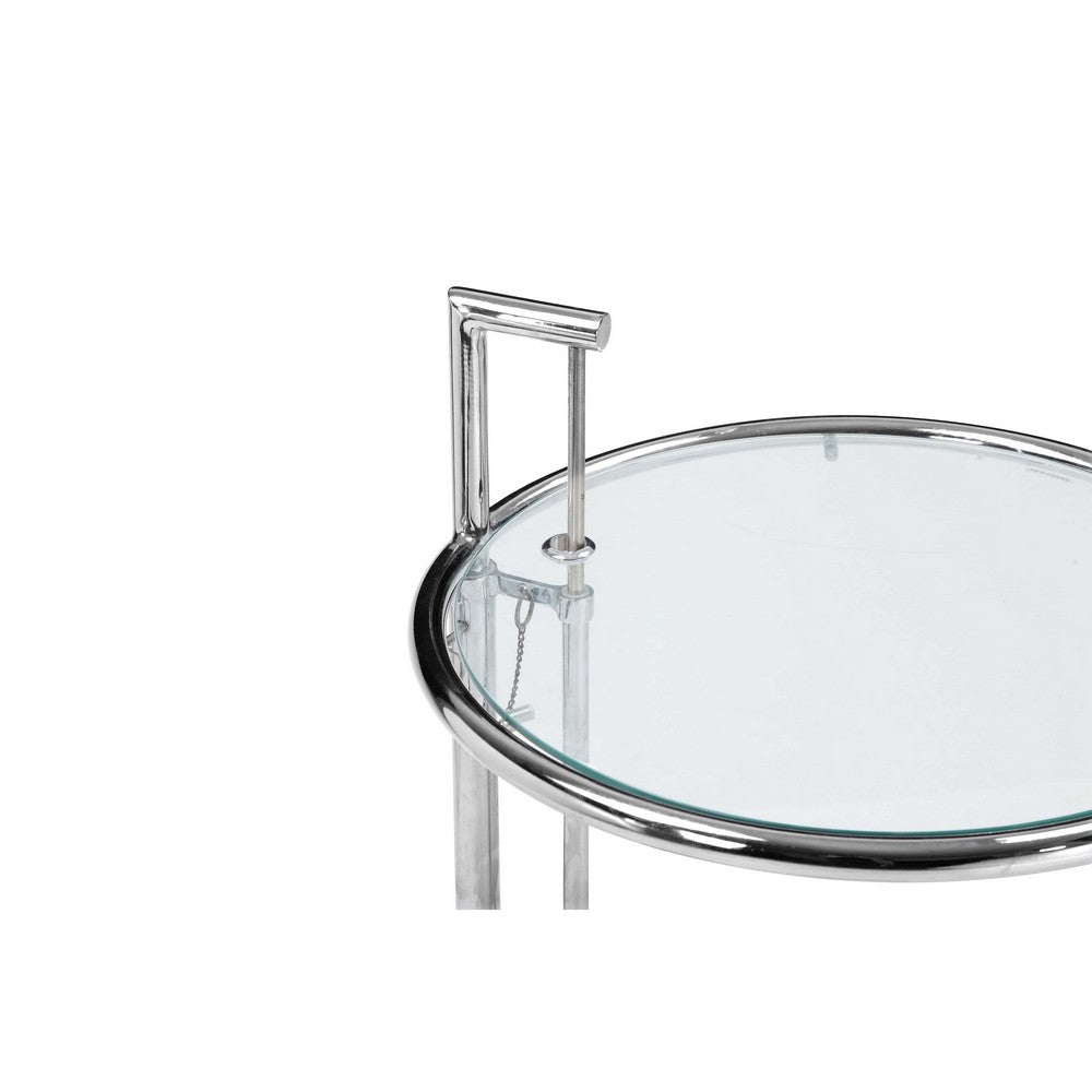 Deko Side Table, 28-39 Inch Adjustable Height, Round Glass Top, Chrome By Casagear Home