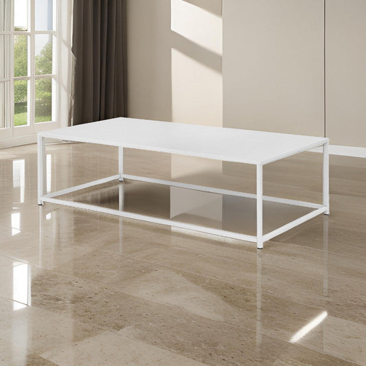 Eme 48 Inch  Coffee Table, Rectangular Tabletop, Modern White Metal Frame By Casagear Home