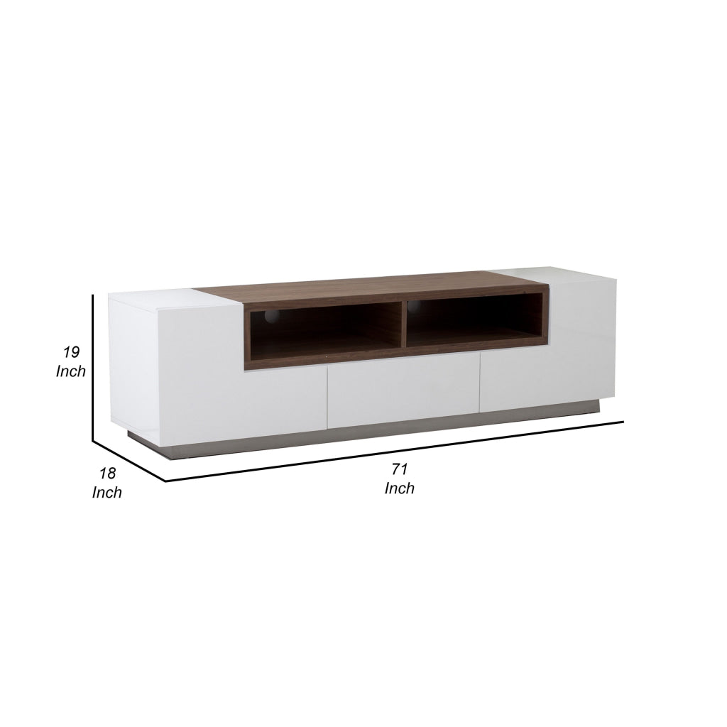 Fila 71 Inch TV Media Console 3 Pull Out Drawers Open Center White Brown By Casagear Home BM317082