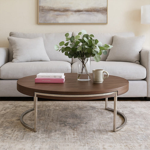 Dami 43 Inch Coffee Table, Round Top, Open Metal Frame, Walnut Brown Finish By Casagear Home