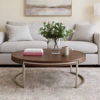 Dami 43 Inch Coffee Table, Round Top, Open Metal Frame, Walnut Brown Finish By Casagear Home