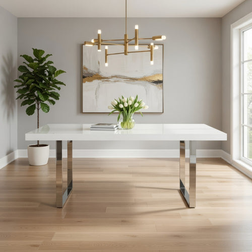 Ien 71 Inch Dining Table, Rectangular Top, Open Metal Panel, White Lacquer By Casagear Home