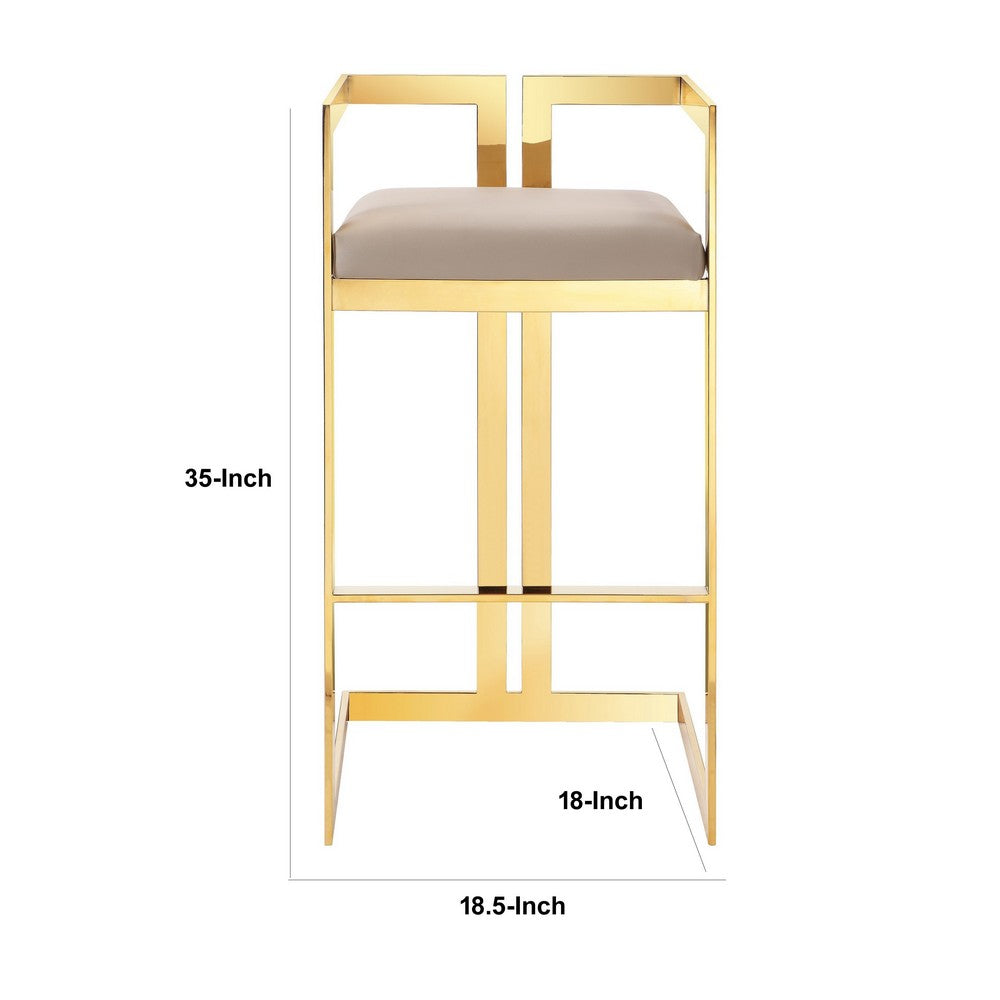 Suki 30 Inch Barstool Chair, Beige Faux Leather Seat, Stainless Steel, Gold By Casagear Home