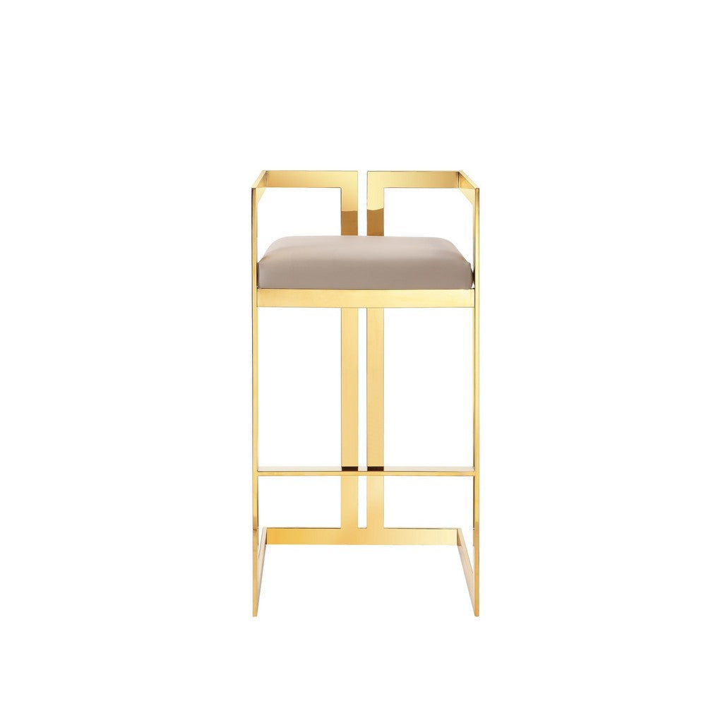 Suki 30 Inch Barstool Chair, Beige Faux Leather Seat, Stainless Steel, Gold By Casagear Home