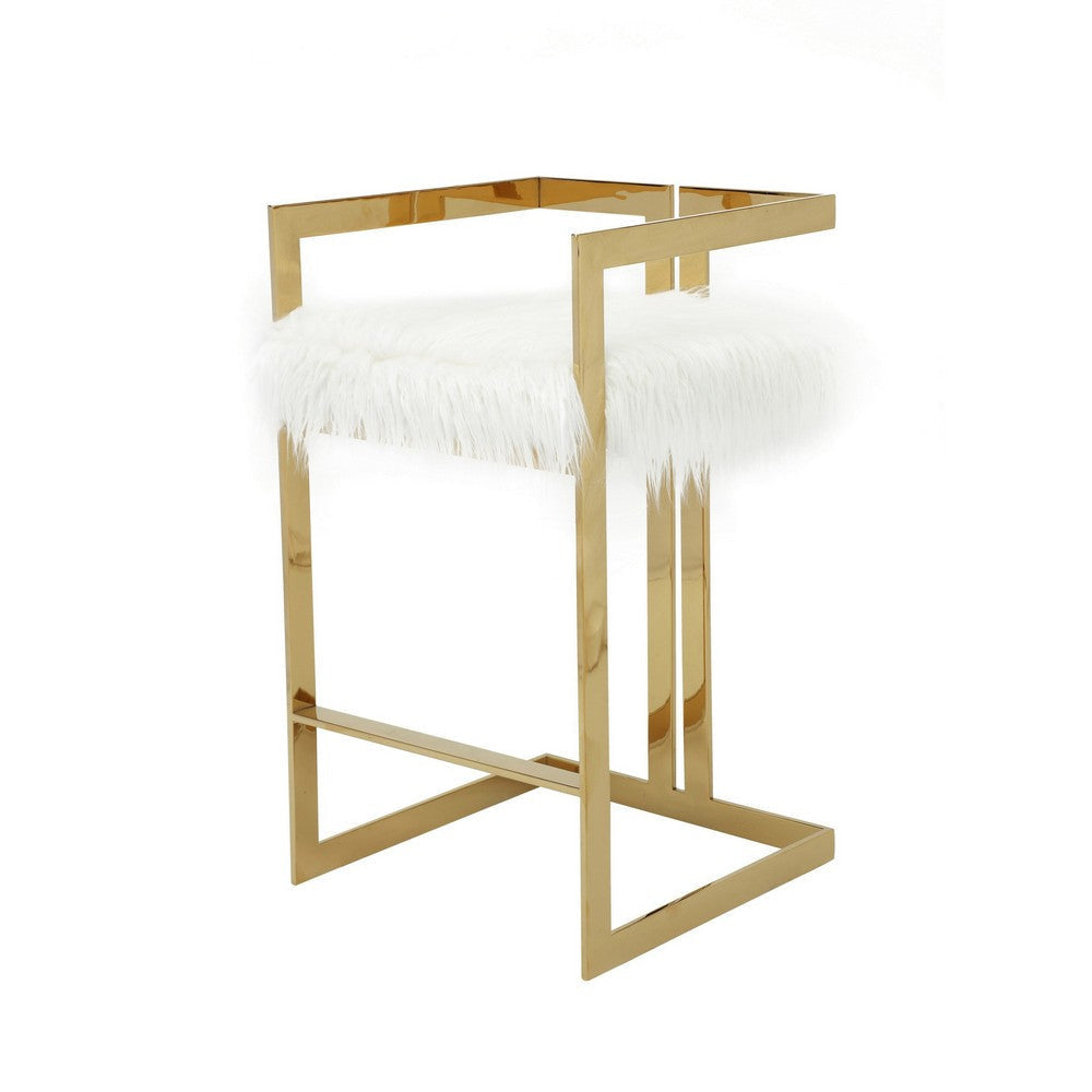 Suki 30 Inch Barstool Chair White Faux Fur Seat Stainless Steel Gold By Casagear Home BM317094