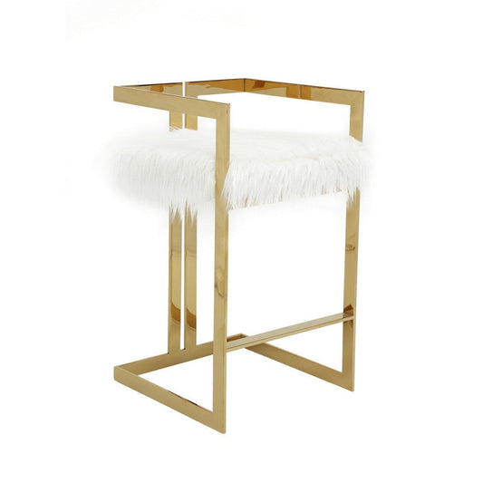 Suki 30 Inch Barstool Chair, White Faux Fur Seat, Stainless Steel, Gold By Casagear Home