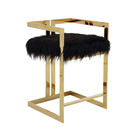 Suki 26 Inch Barstool Chair, Black Faux Fur Seat, Stainless Steel, Gold By Casagear Home