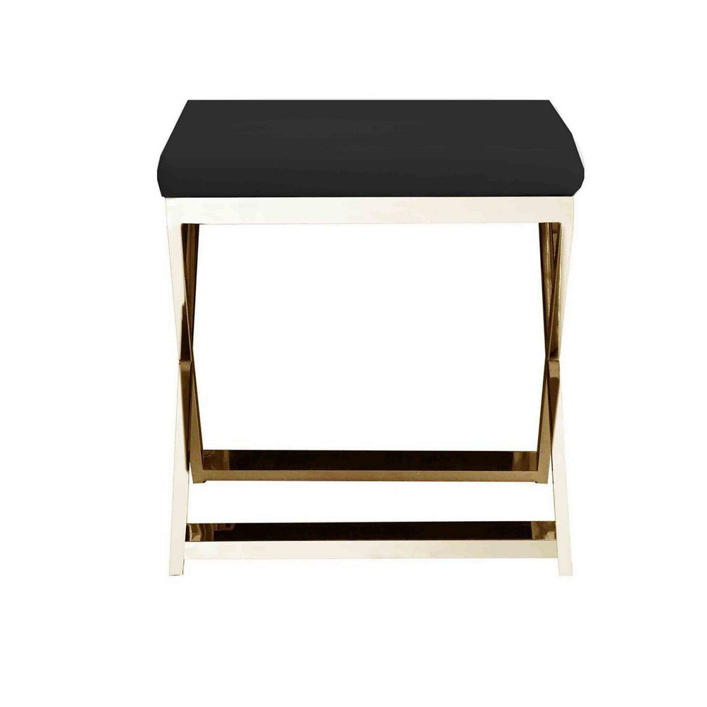 Sovi 20 Inch Ottoman Stool, Black Faux Leather, Stainless Steel Frame, Gold By Casagear Home