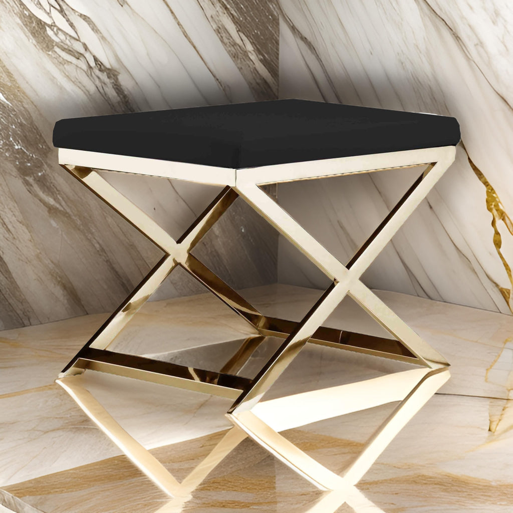 Sovi 20 Inch Ottoman Stool Black Faux Leather Stainless Steel Frame Gold By Casagear Home BM317097