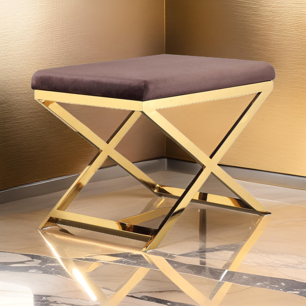 Sovi 20 Inch Ottoman Stool Chocolate Brown Velvet Stainless Steel Gold By Casagear Home BM317098