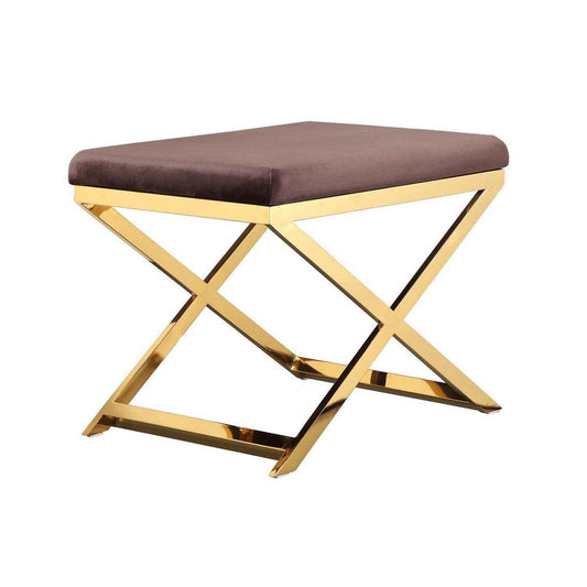 Sovi 20 Inch Ottoman Stool, Chocolate Brown Velvet, Stainless Steel, Gold By Casagear Home