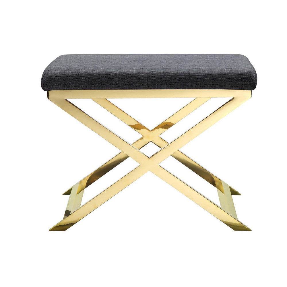 Sovi 20 Inch Ottoman Stool, Charcoal Gray Polyester, Stainless Steel, Gold By Casagear Home