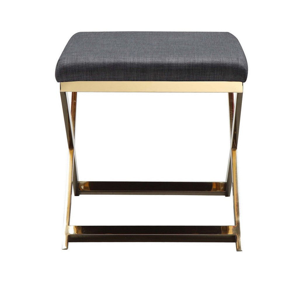 Sovi 20 Inch Ottoman Stool, Charcoal Gray Polyester, Stainless Steel, Gold By Casagear Home