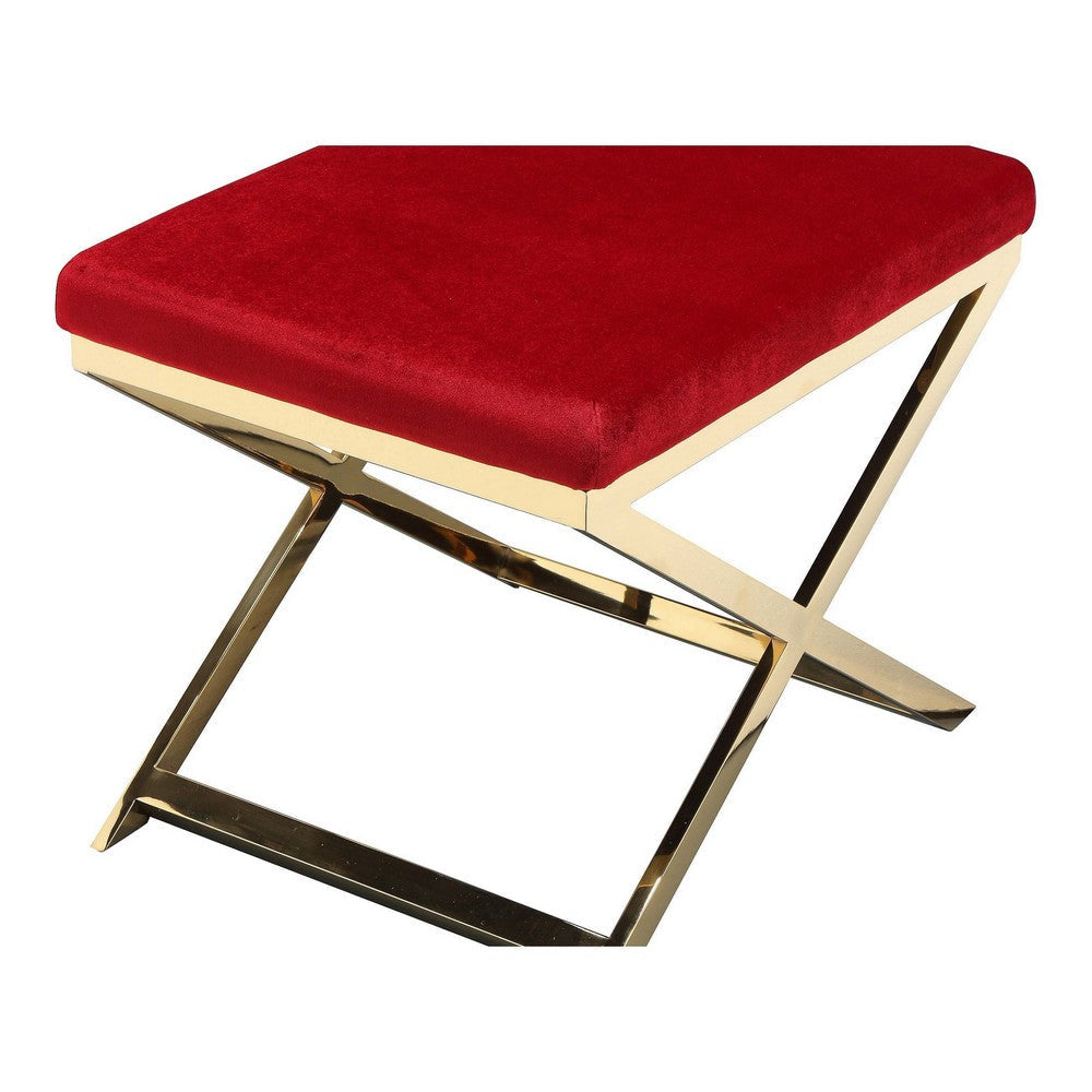 Sovi 20 Inch Ottoman Stool, Maroon Velvet Seat, Stainless Steel Frame, Gold By Casagear Home