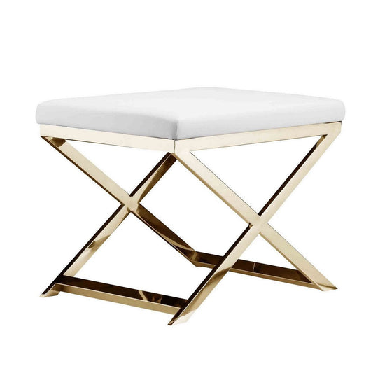 Sovi 20 Inch Ottoman Stool, White Faux Leather Seat, Stainless Steel Frame, Gold By Casagear Home